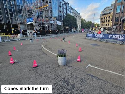 Cones defining a turning point in a road race